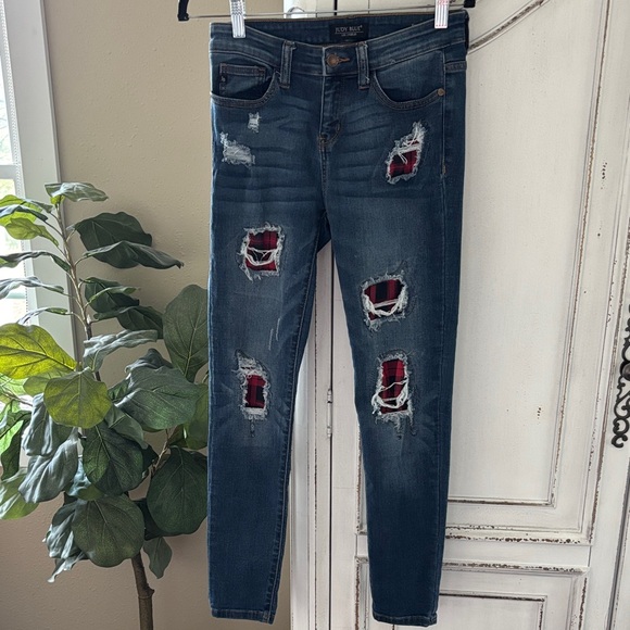 Judy Blue Skinny Fit Distressed Red Plaid Patch Denim Jeans, Size 5/27 JB8268DK - Picture 1 of 8